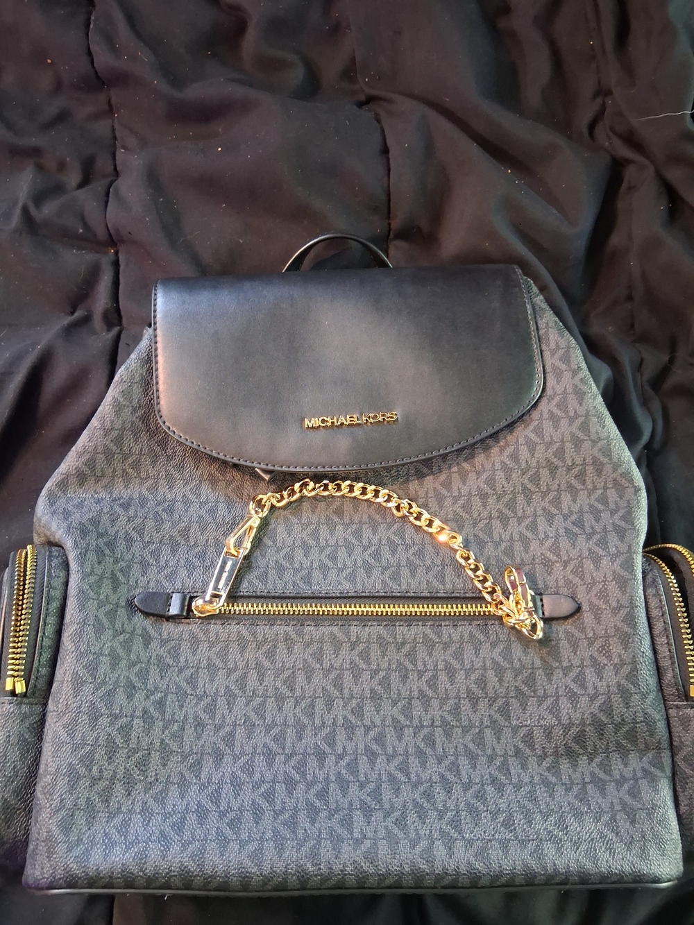 Michael Kors Black and Gold Logo-Print Backpack